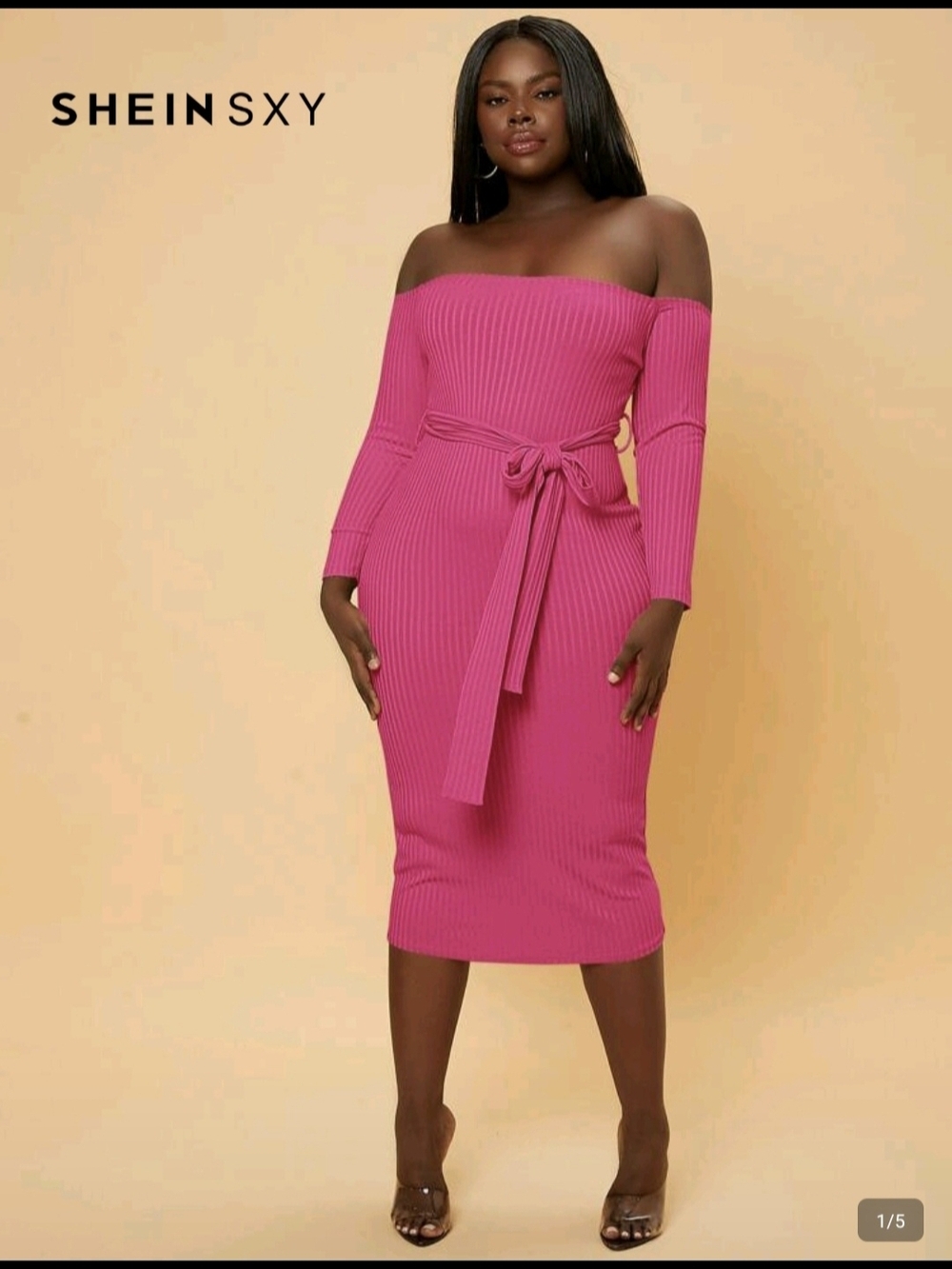 Shein Womans Hot Pink Belted Off The Shoulders long sleeve Midi Body Con Dress